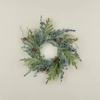 18" GLITTERED CEDAR W/ BERRIES & PINECONE CANDLE RING