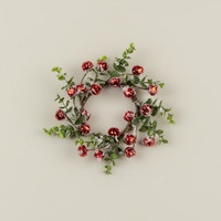 9" SNOWY BOXWOOD & RED BELLS CANDLE RING