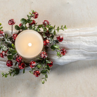 9" SNOWY BOXWOOD & RED BELLS CANDLE RING