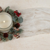 8" GLITTERED RED BERRY & PINE CANDLE RING