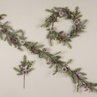 19" GLITTERED PINE W/ RED BERRIES & PINECONE WREATH