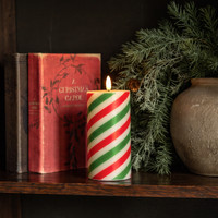 6" RED & GREEN CANDY CANE 3D FLAME PILLAR CANDLE