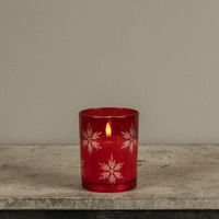 5" RED THICK GLASS W/ SNOWFLAKES 3D FLAME CANDLE