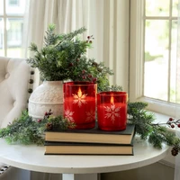 4" RED THICK GLASS W/ SNOWFLAKES 3D FLAME CANDLE