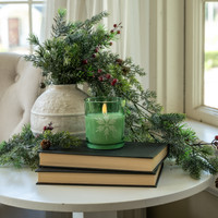 4" GREEN THICK GLASS W/ SNOWFLAKES 3D FLAME CANDLE