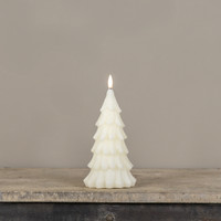 8" CREAM SHIMMER 3D FLAME ALABASTER PINE TREE CANDLE
