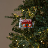 LOG CABIN ORNAMENT W/ RED ROOF