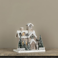 LIGHTED SNOW COVERED HOUSE W/ ARCHED WINDOWS