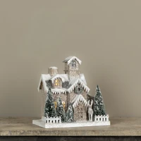 LIGHTED SNOW COVERED HOUSE W/ ARCHED WINDOWS