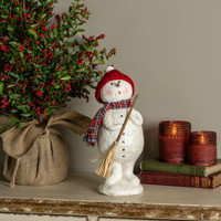 GLITTERED SNOWMAN W/ RED KNIT HAT & BROOM