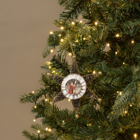 GLITTERED GREEN STAR W/ SANTA ORNAMENT