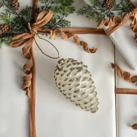 6" CREAM PINECONE W/ SILVER GLITTER ORNAMENT