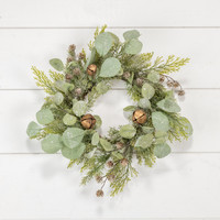 14" CEDAR, CONES, EUCALYPTUS & JINGLE BELL CANDLE RING