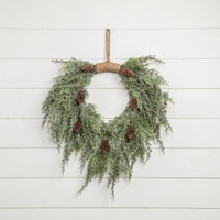28" DARK GREEN ICED CEDAR & CONES HANGING WREATH