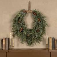 28" DARK GREEN ICED CEDAR & CONES HANGING WREATH