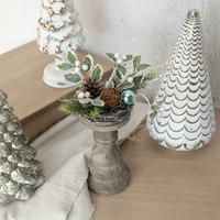 7" ICED HOLLY & CONES BIRDNEST TABLE PIECE