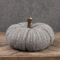 7.5" SILVER FLECKED GREY FABRIC PUMPKIN W/ FAUX WOOD STEM
