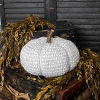 7.5" GREY & WHITE TEXTURED PUMPKIN W/ FAUX WOOD STEM