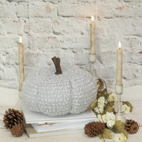 7.5" GREY & WHITE TEXTURED PUMPKIN W/ FAUX WOOD STEM