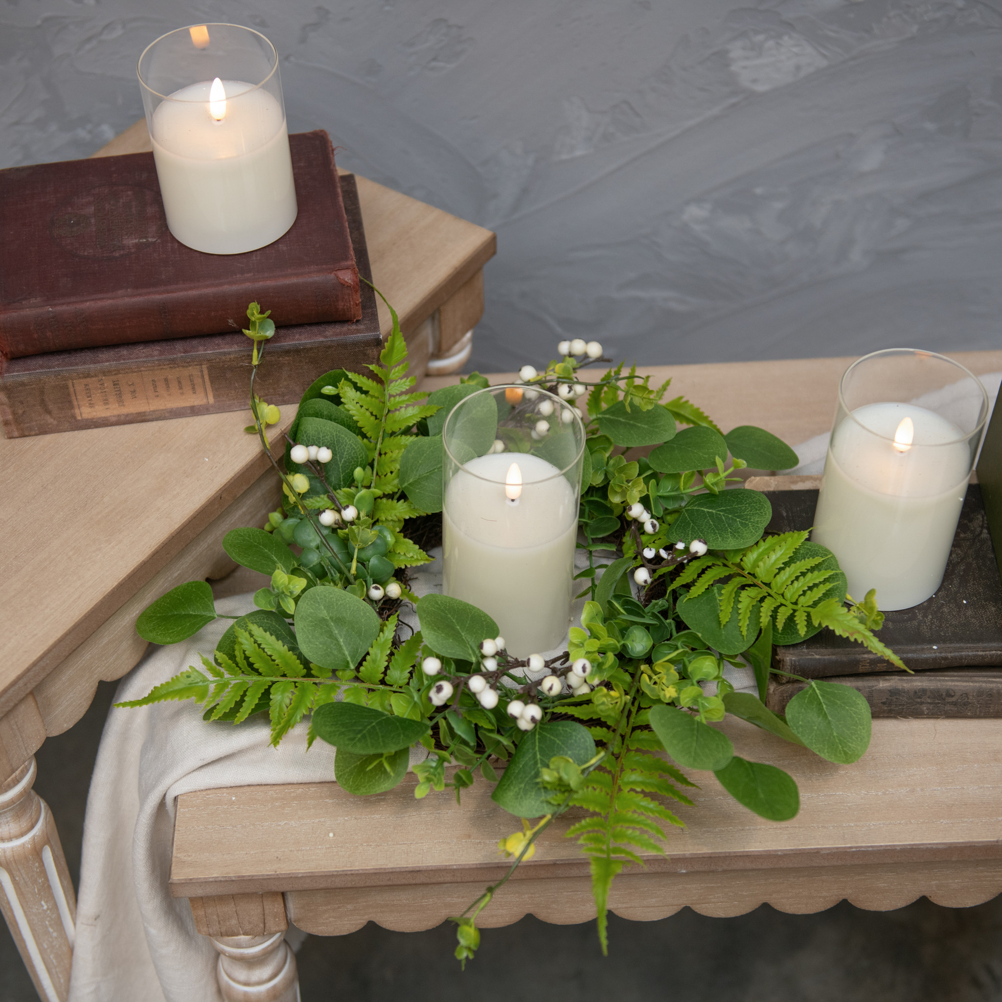 Green & White Mixed Foliage with Berries Candle Ring, 14", photo 3 of 3