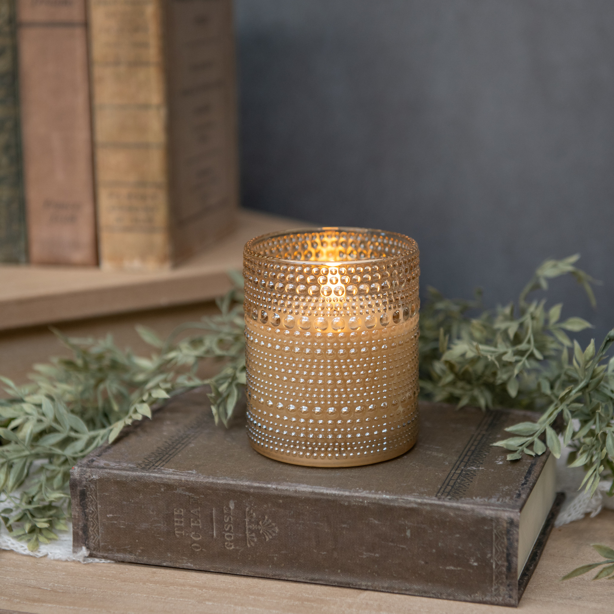 Flameless Champagne Dotted Glass Candle, 4"
