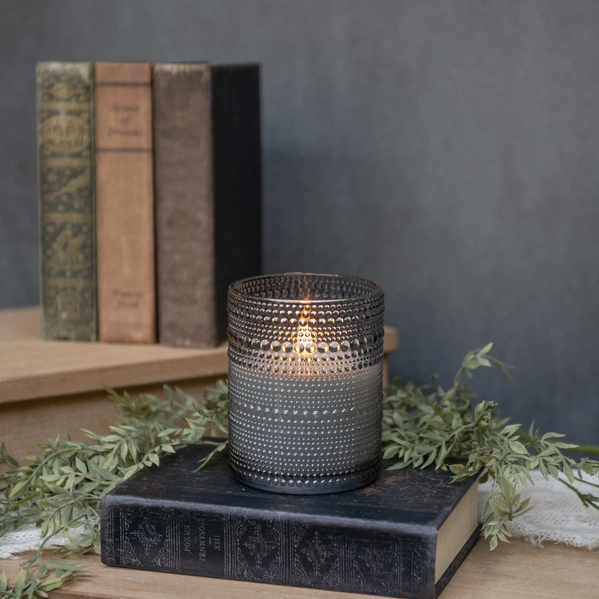 Flameless Grey Dotted Glass Candle, 5"