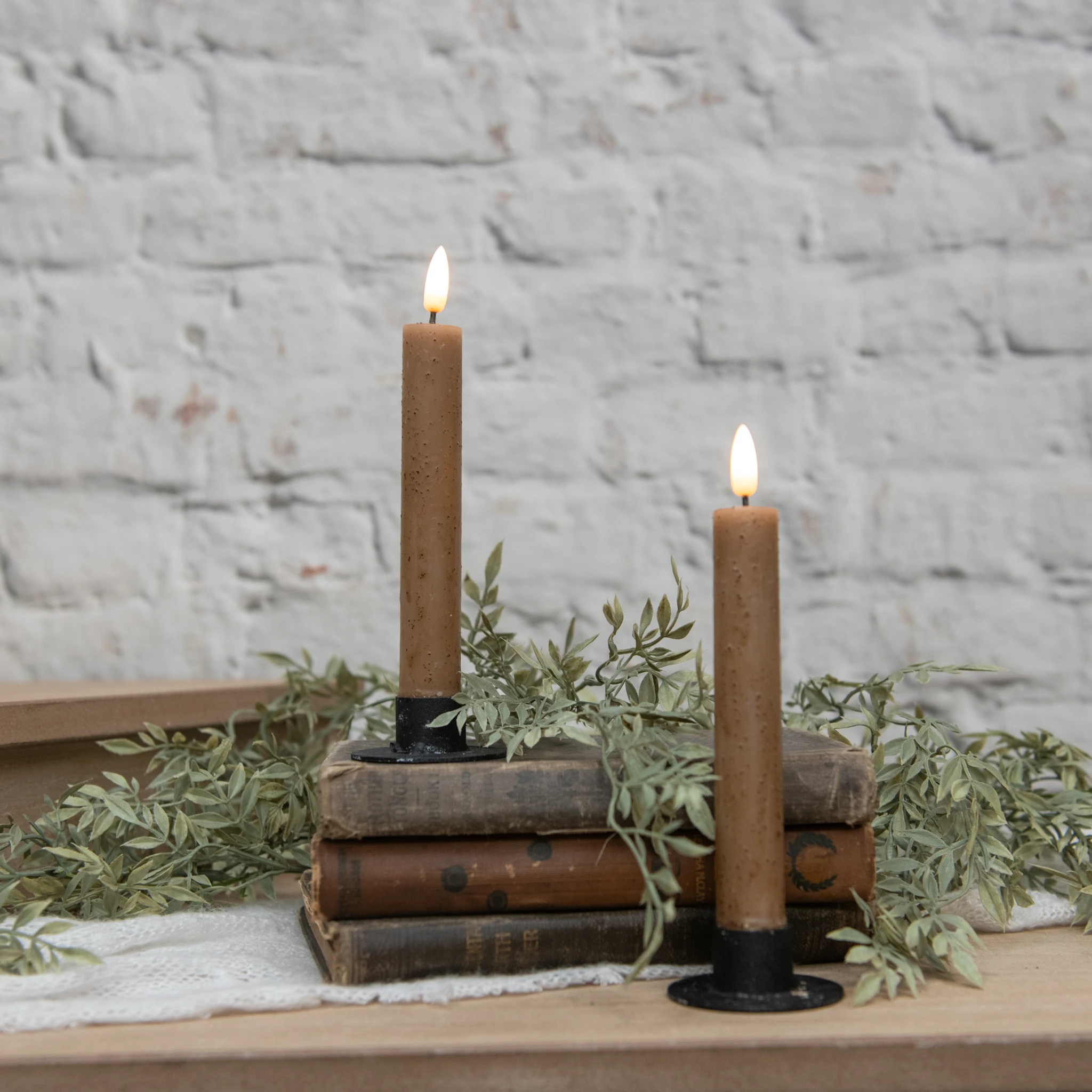 Flameless Beige Taper Candles, Set of 2, 7.25"