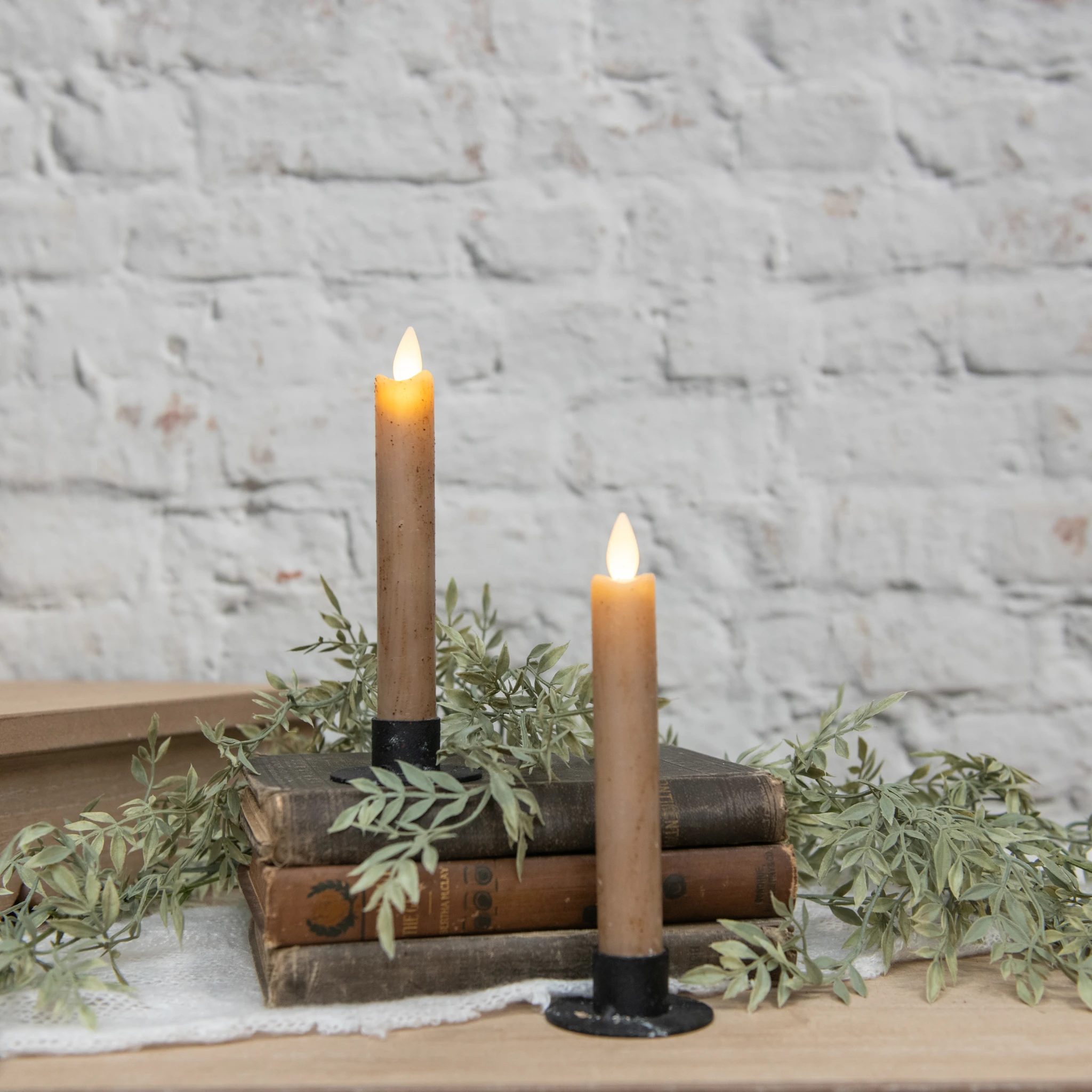 Flameless Beige Taper Candles, Set of 2, 6.75"