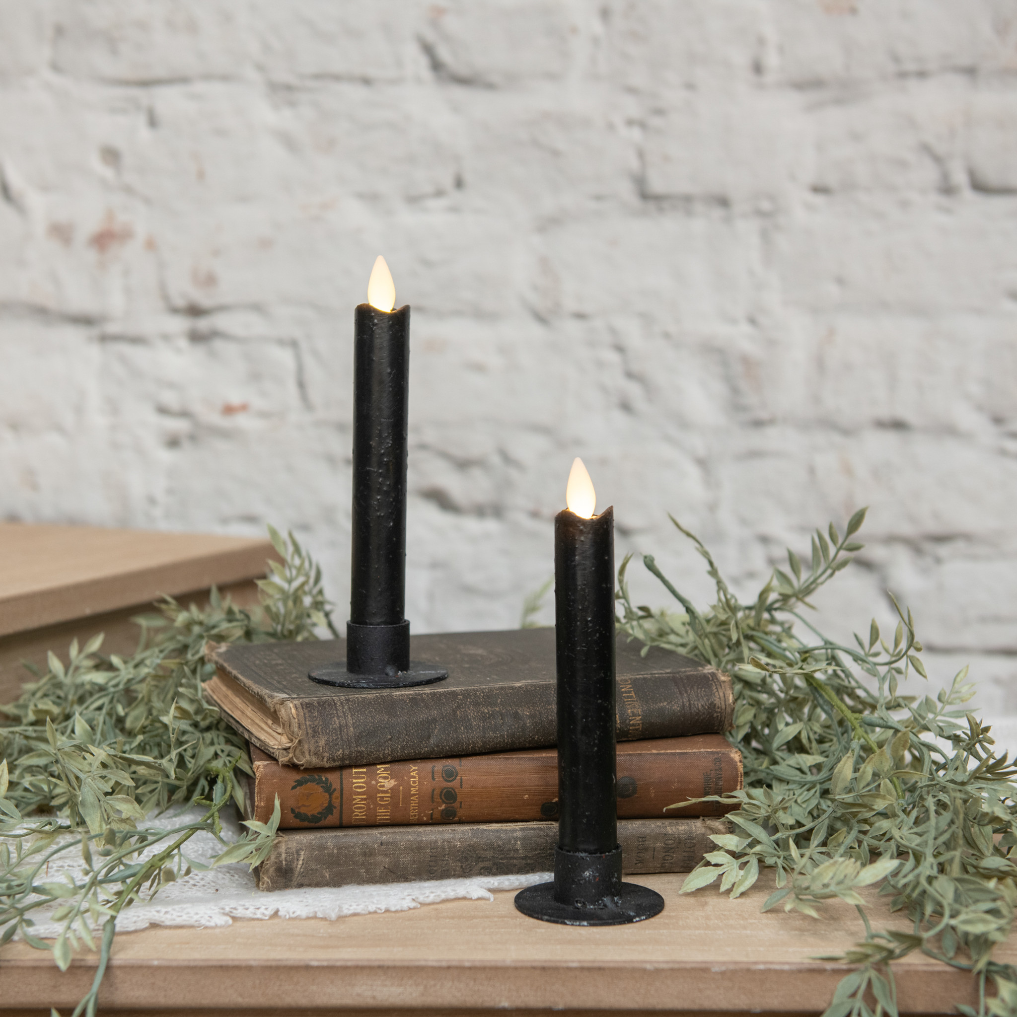 Flameless Black Taper Candles, Set of 2, 6.75"