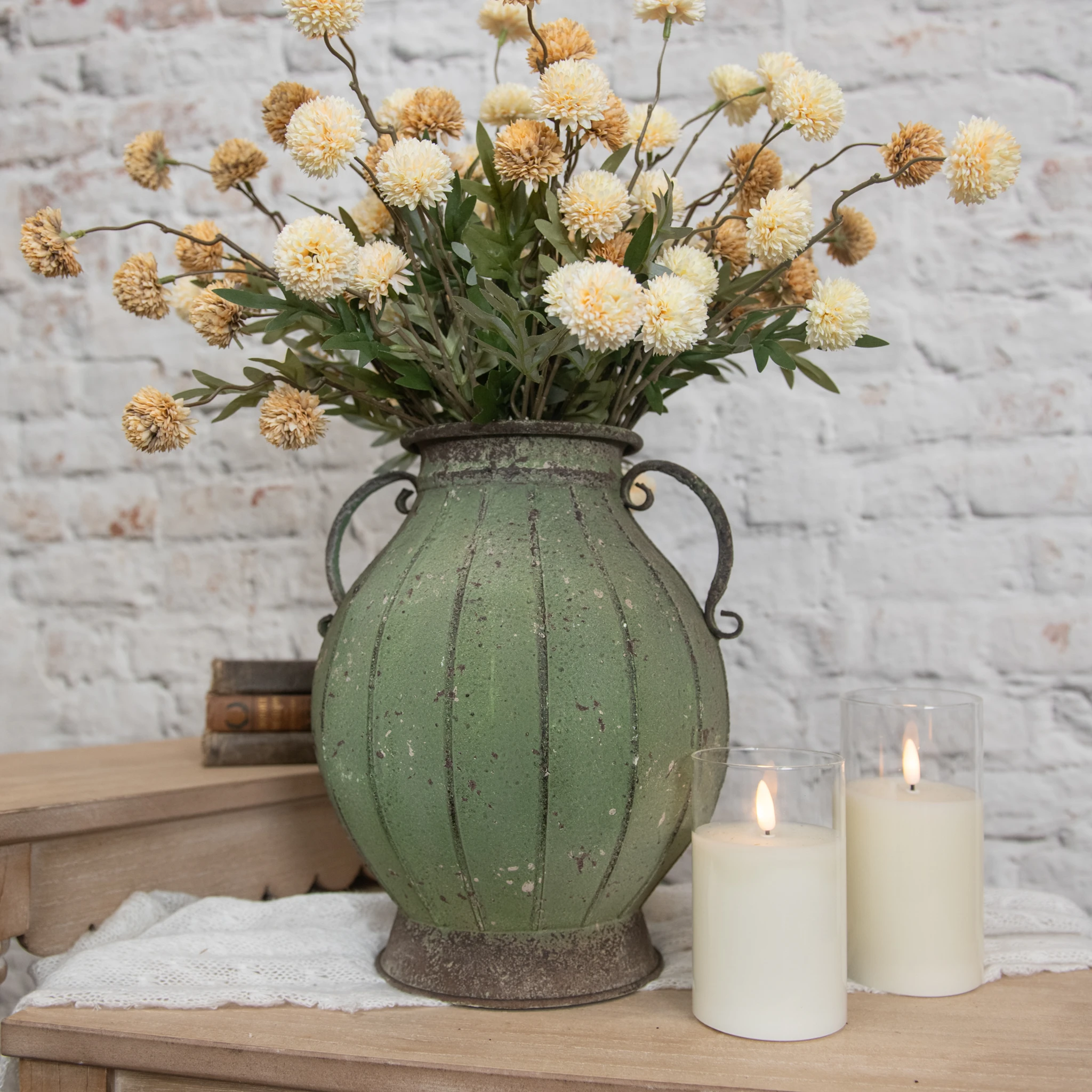 Green Two Handle Vase, 12"