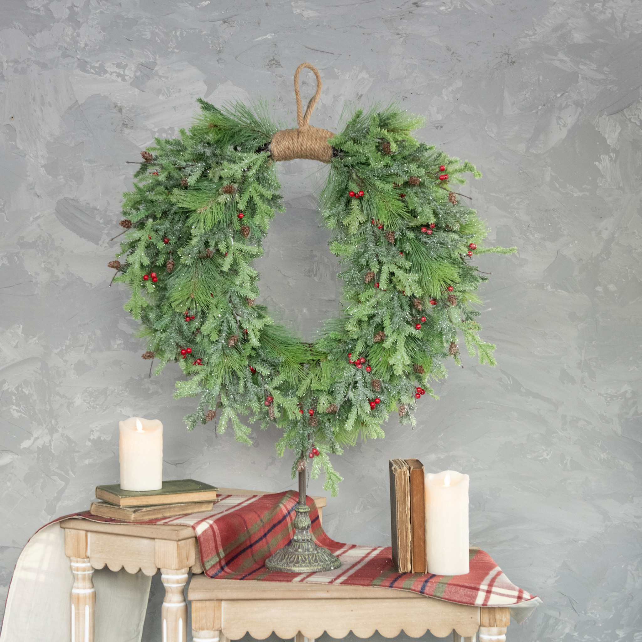 Glittered Pine & Red Berry Hanging Wreath, 30", photo 2 of 3
