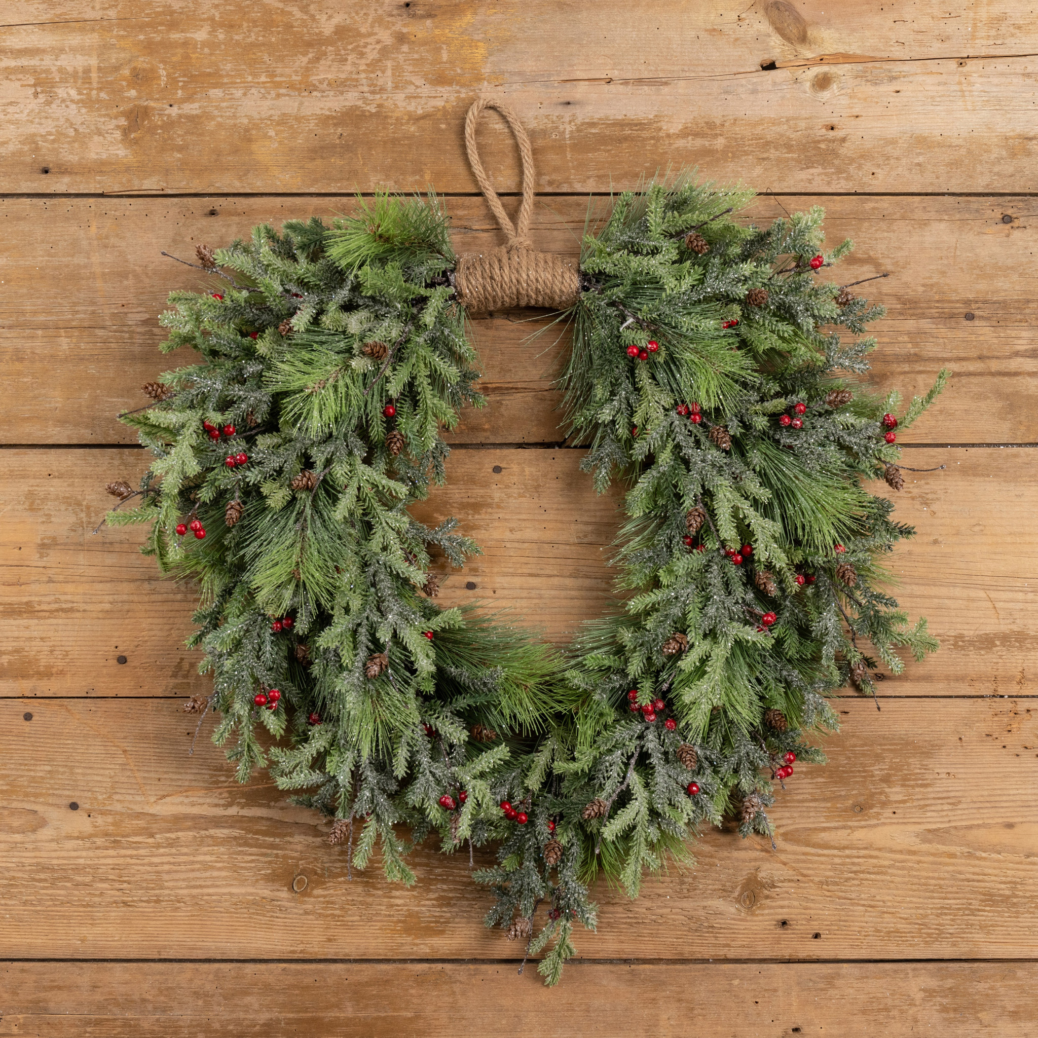 Glittered Pine & Red Berry Hanging Wreath, 30", photo 3 of 3