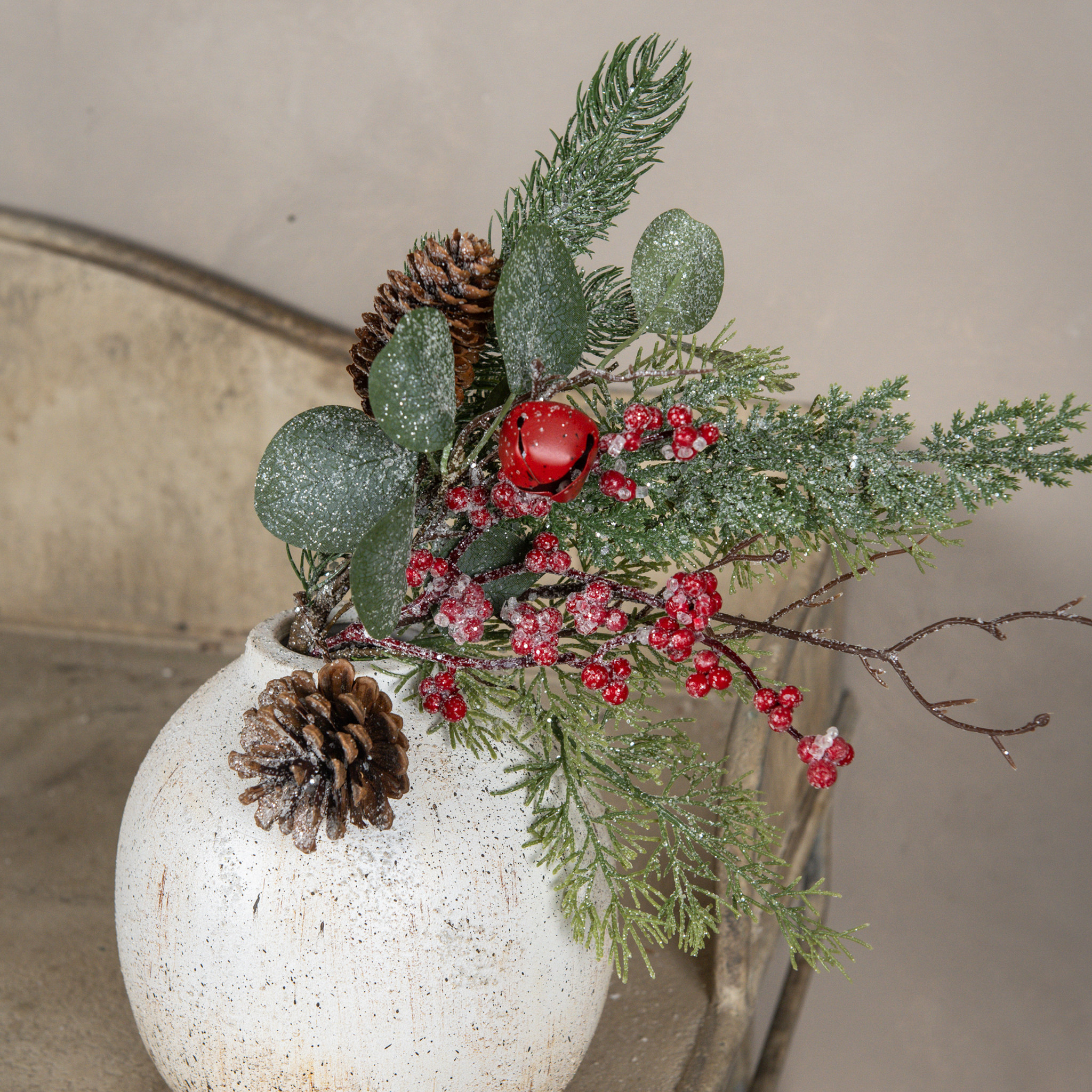 Icy Foliage with Red Berries & Bells Pick, 16"