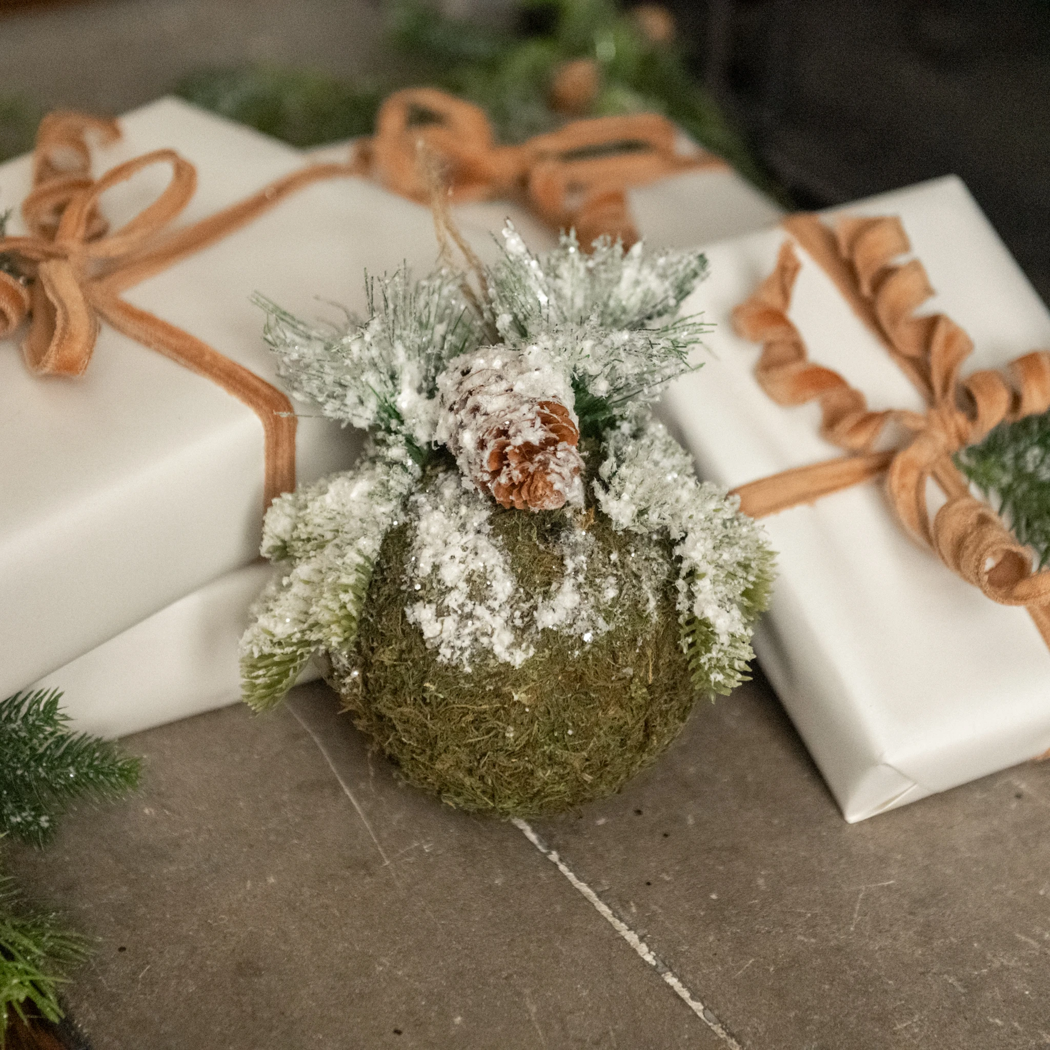 Snow-Covered Moss Ball & Pine Ornament, 6"