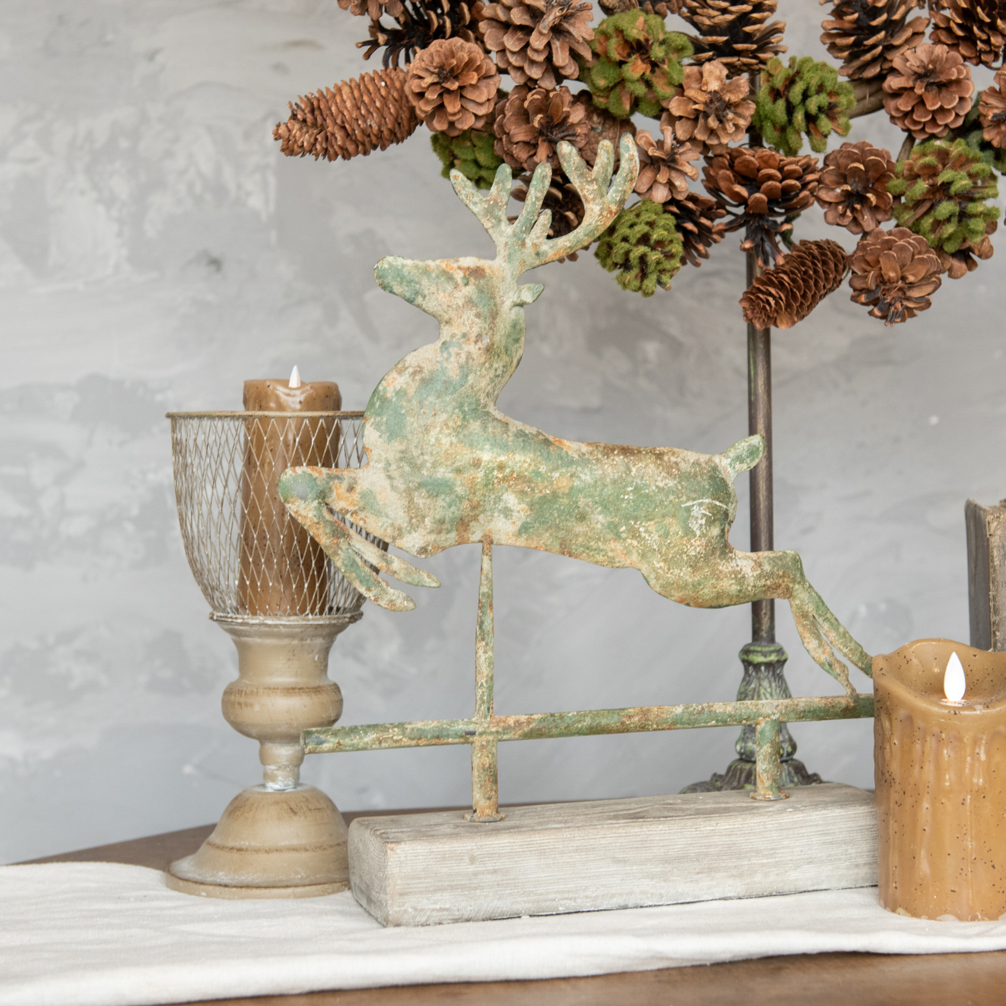 Leaping Metal Deer on Faux Wood Base, 15"
