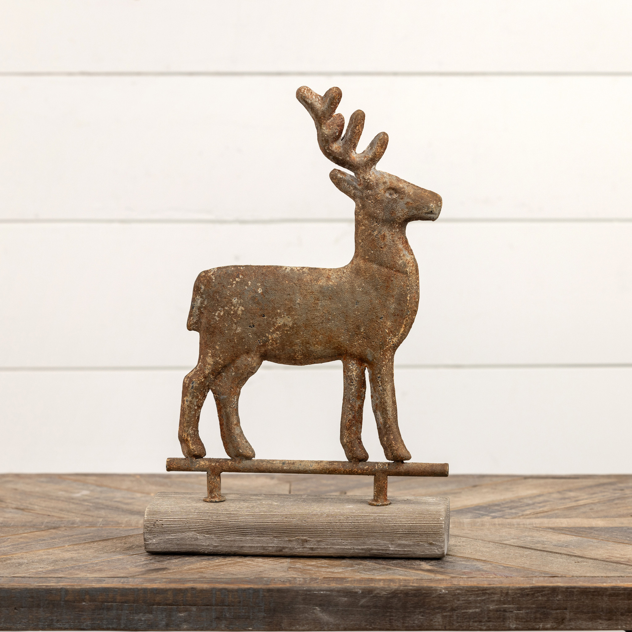 Distressed Metal Deer on Faux Wood Base, 16", photo 2 of 2