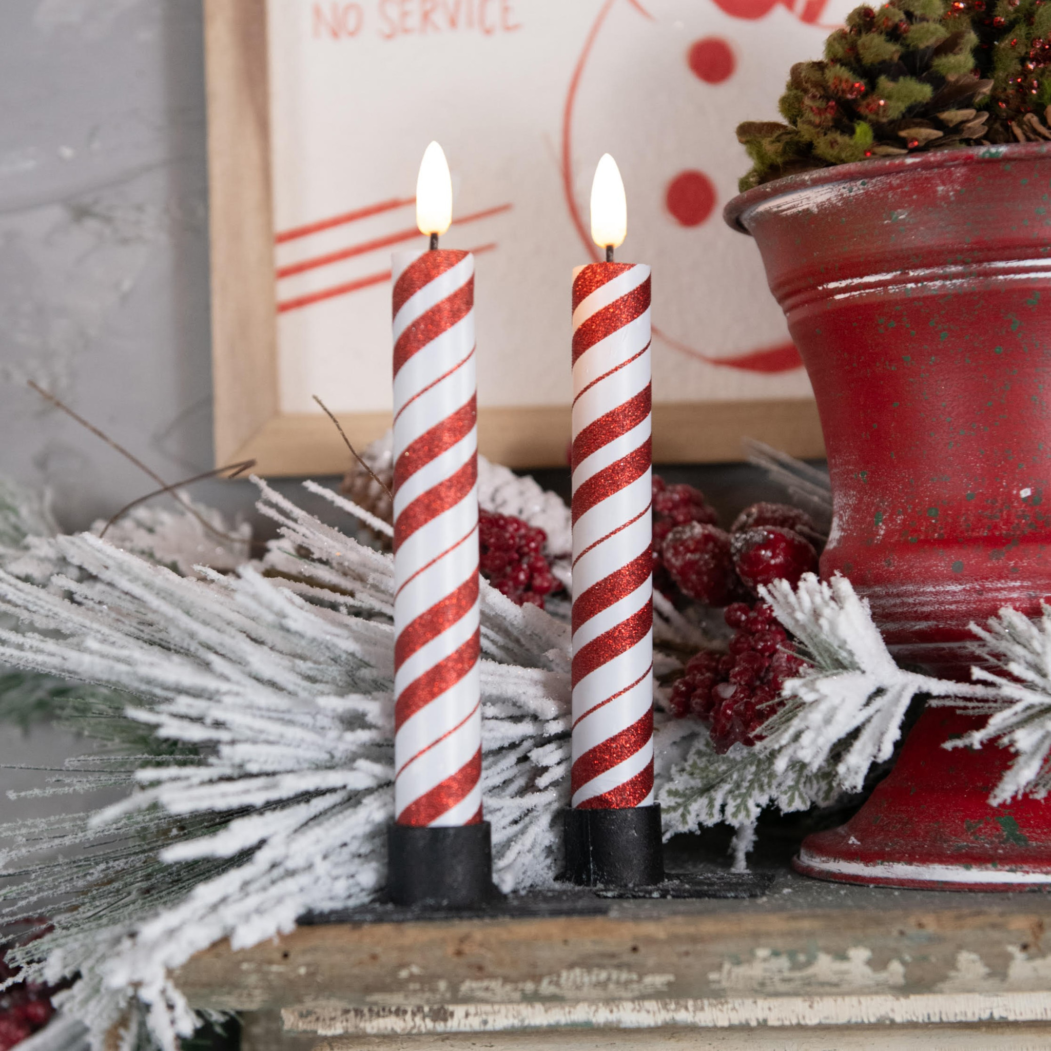 Flameless Red Candy Cane Taper Candles, Set of 2, 6.5", photo 2 of 2
