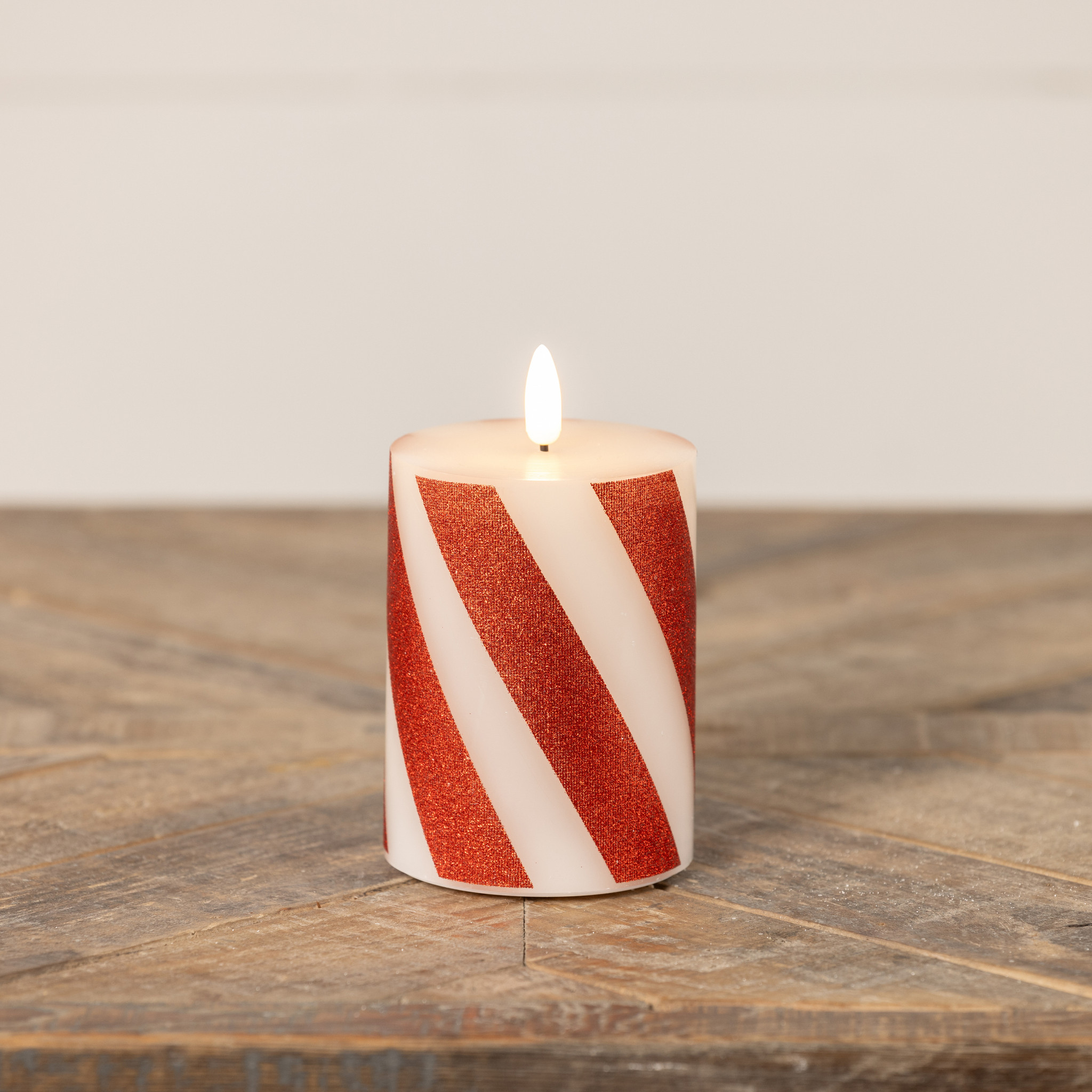 Flameless Red Candy Cane Pillar Candle, 4", photo 4 of 6