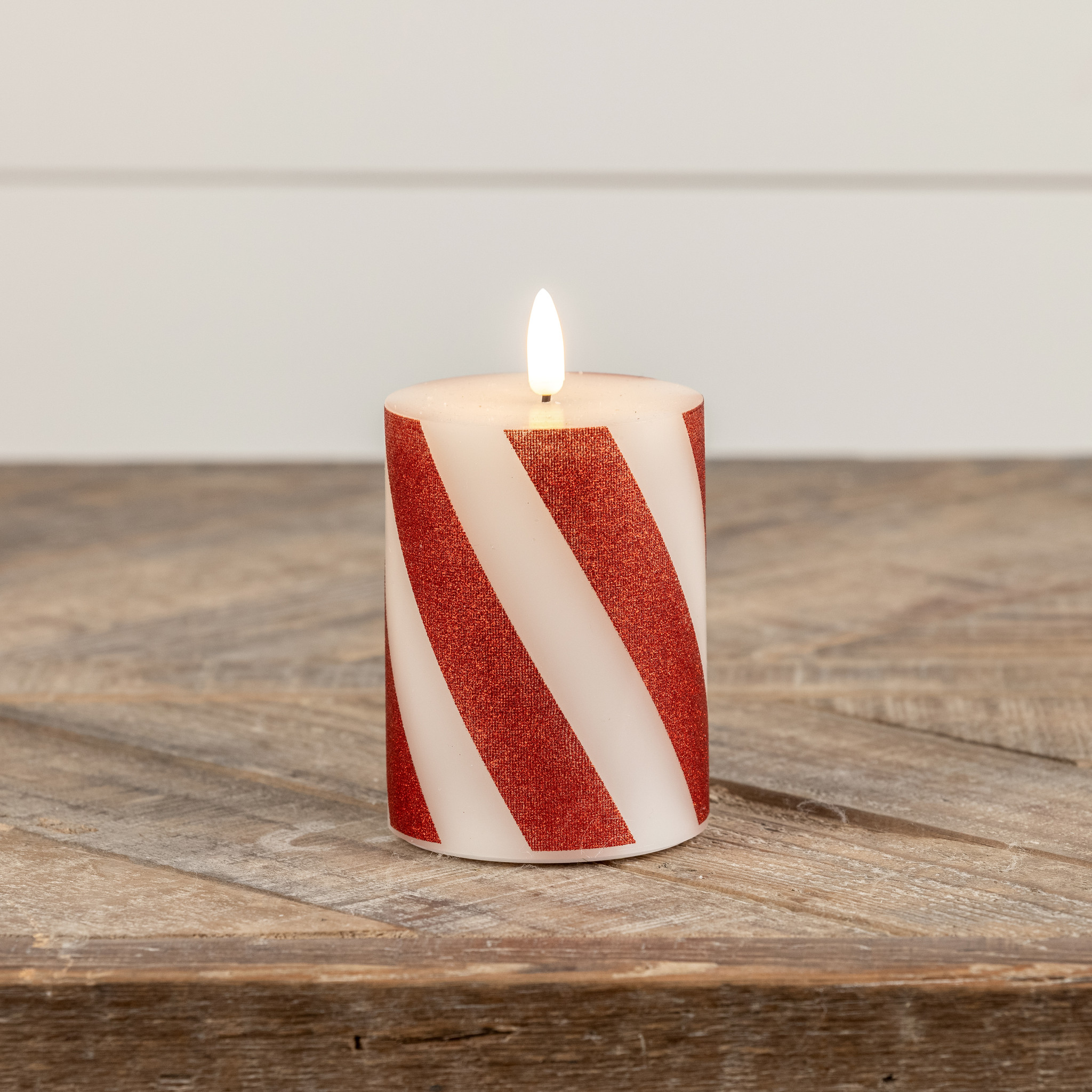 Flameless Red Candy Cane Pillar Candle, 4", photo 3 of 6