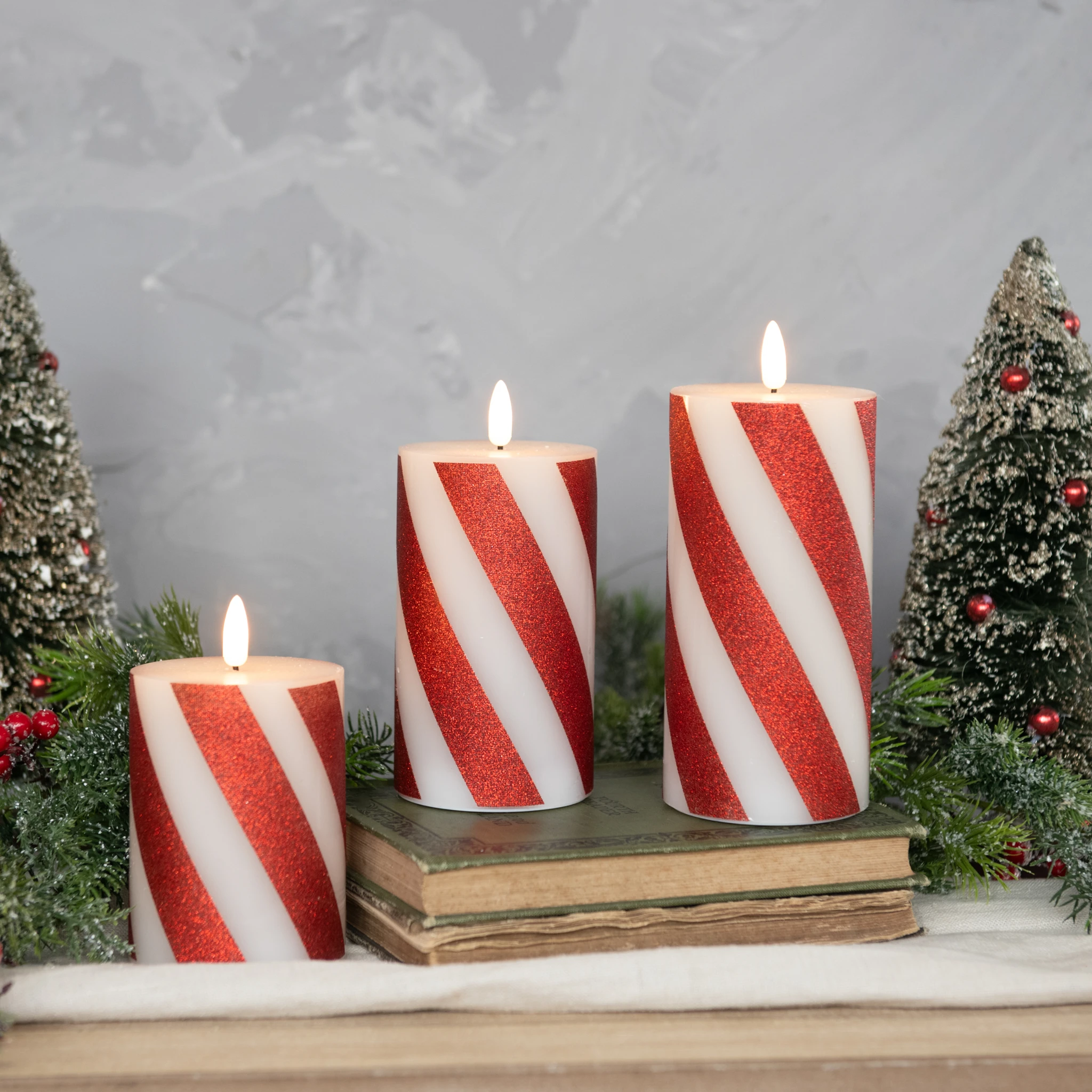 Flameless Red Candy Cane Pillar Candle, 4", photo 2 of 6