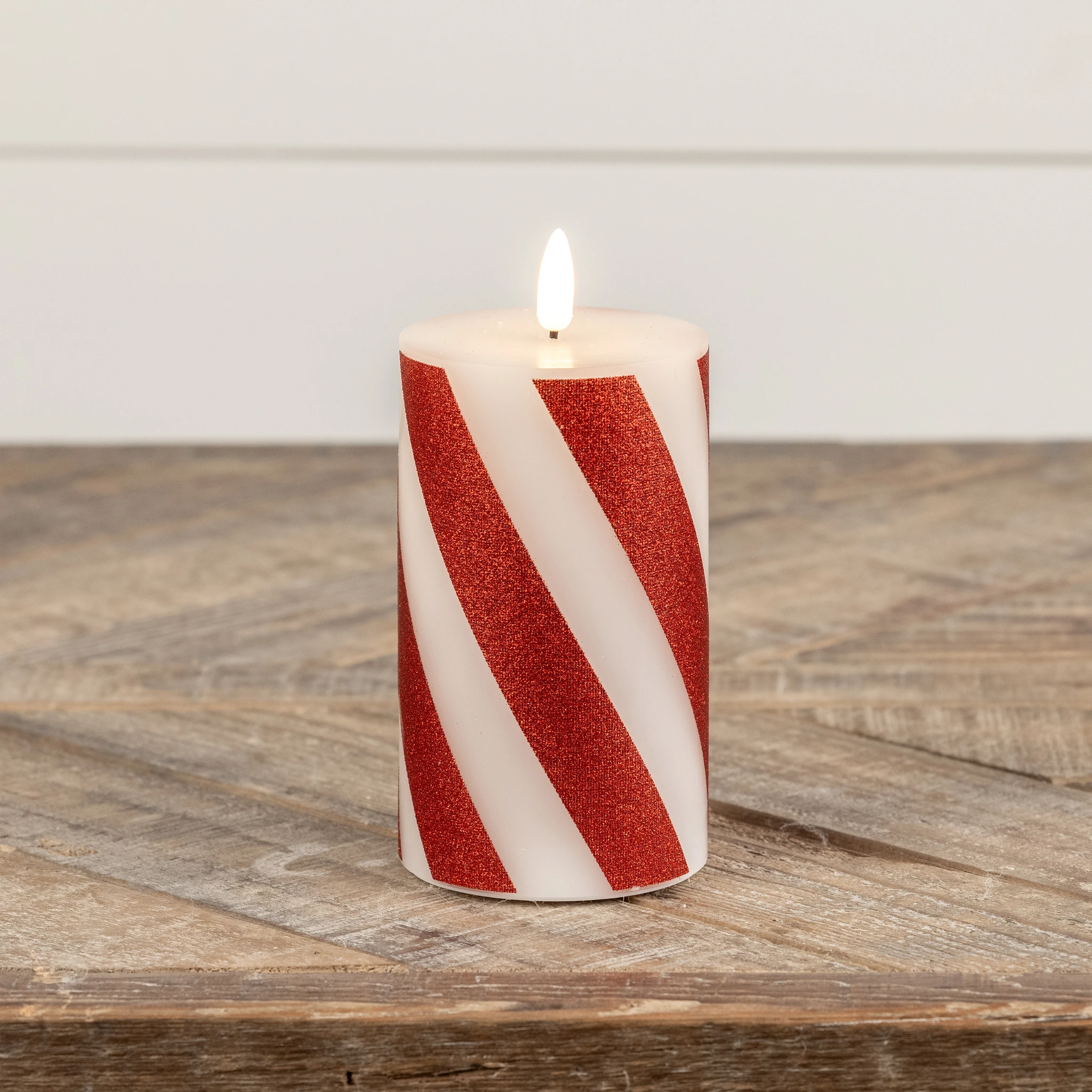 Flameless Red Candy Cane Pillar Candle, 5", photo 3 of 6