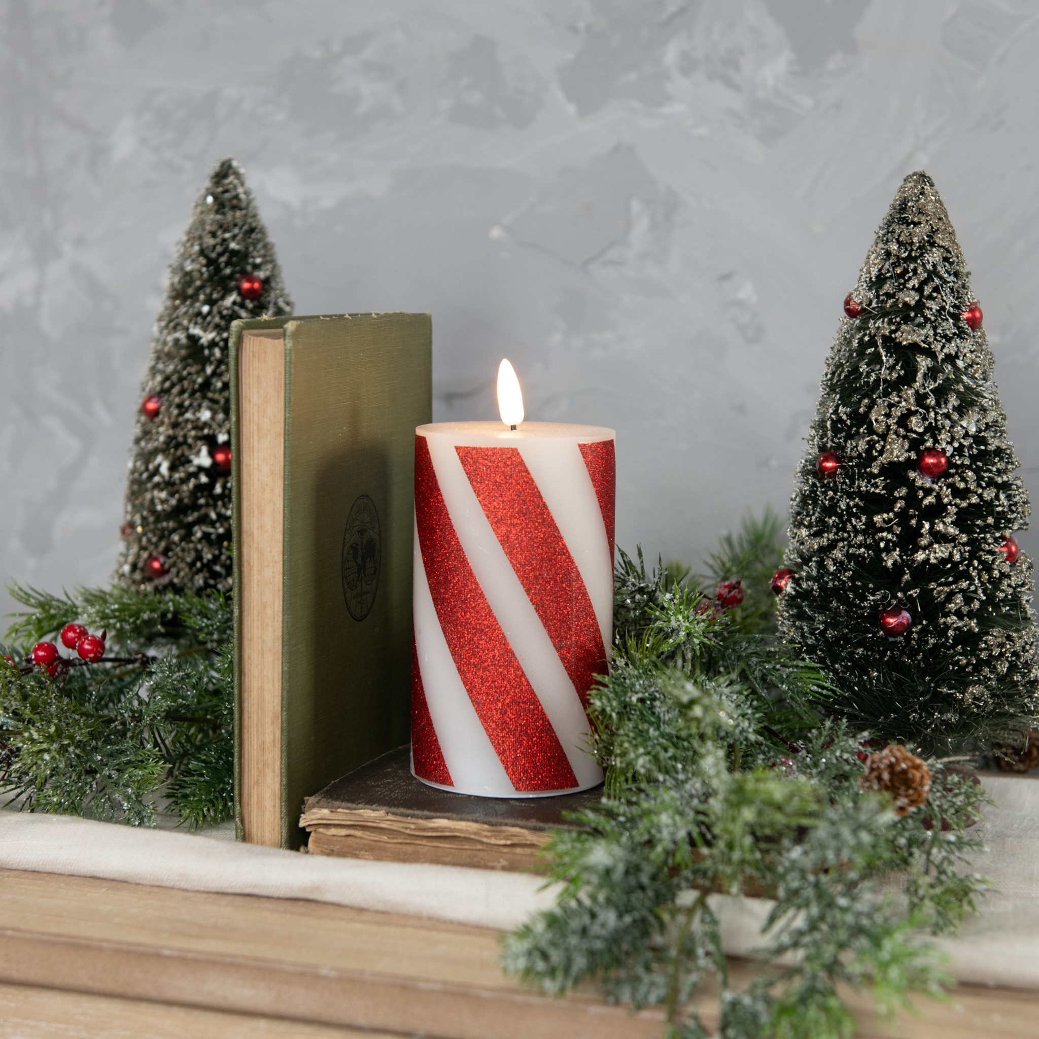 Flameless Red Candy Cane Pillar Candle, 5"