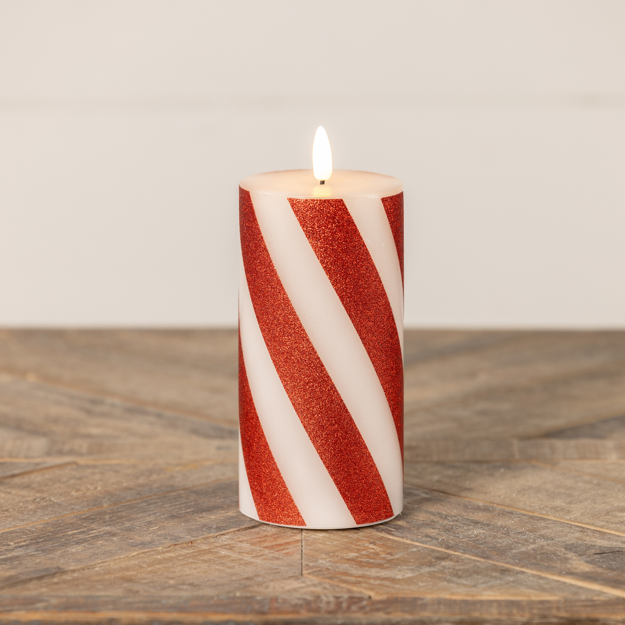 Flameless Red Candy Cane Pillar Candle, 6", photo 4 of 6