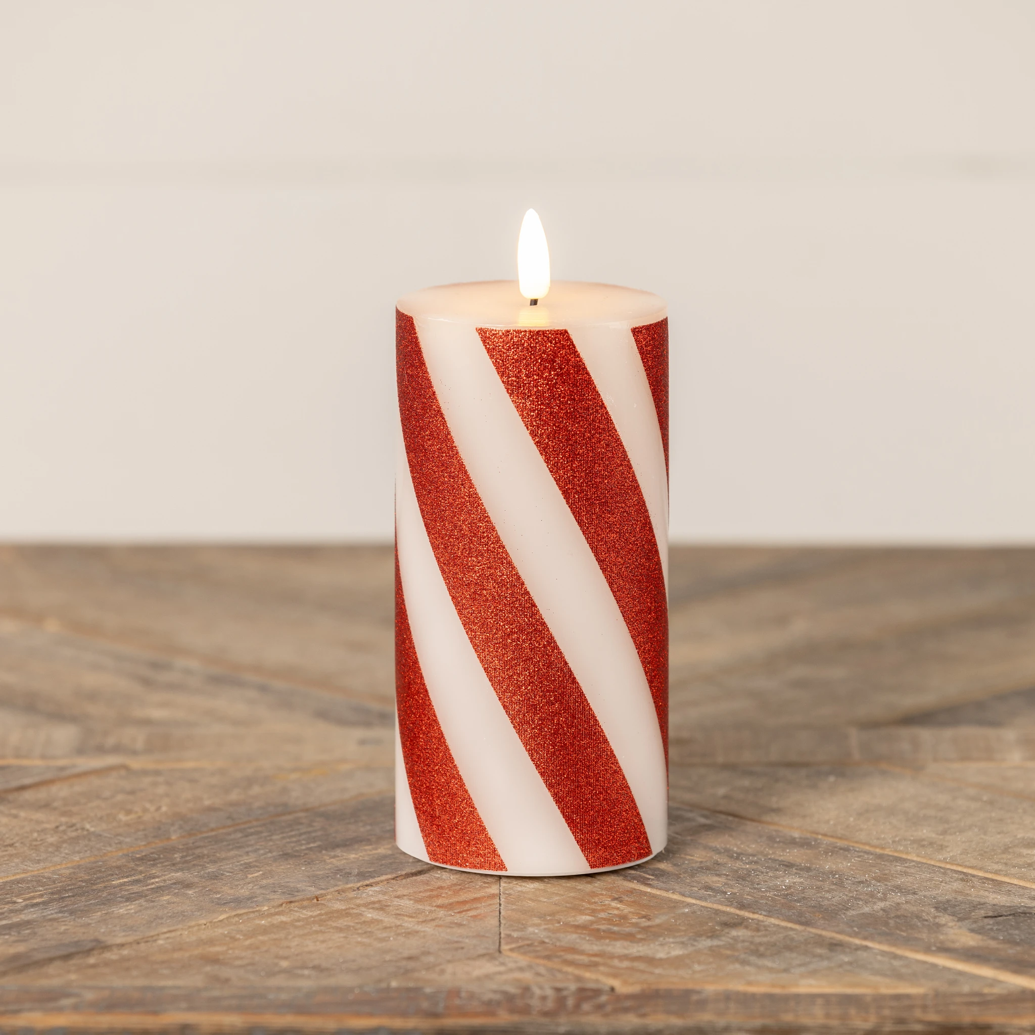 Flameless Red Candy Cane Pillar Candle, 6", photo 4 of 6