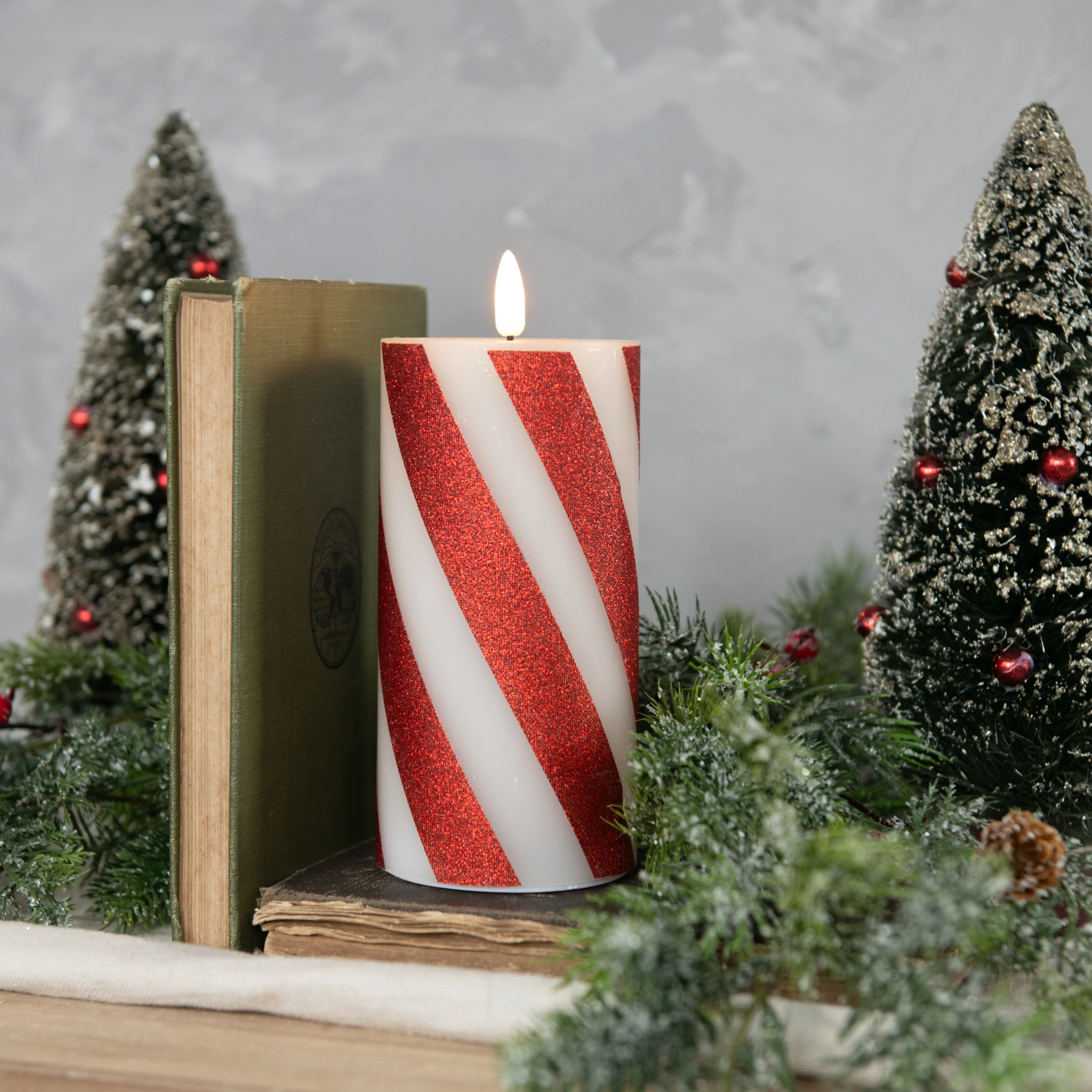 Flameless Red Candy Cane Pillar Candle, 6"