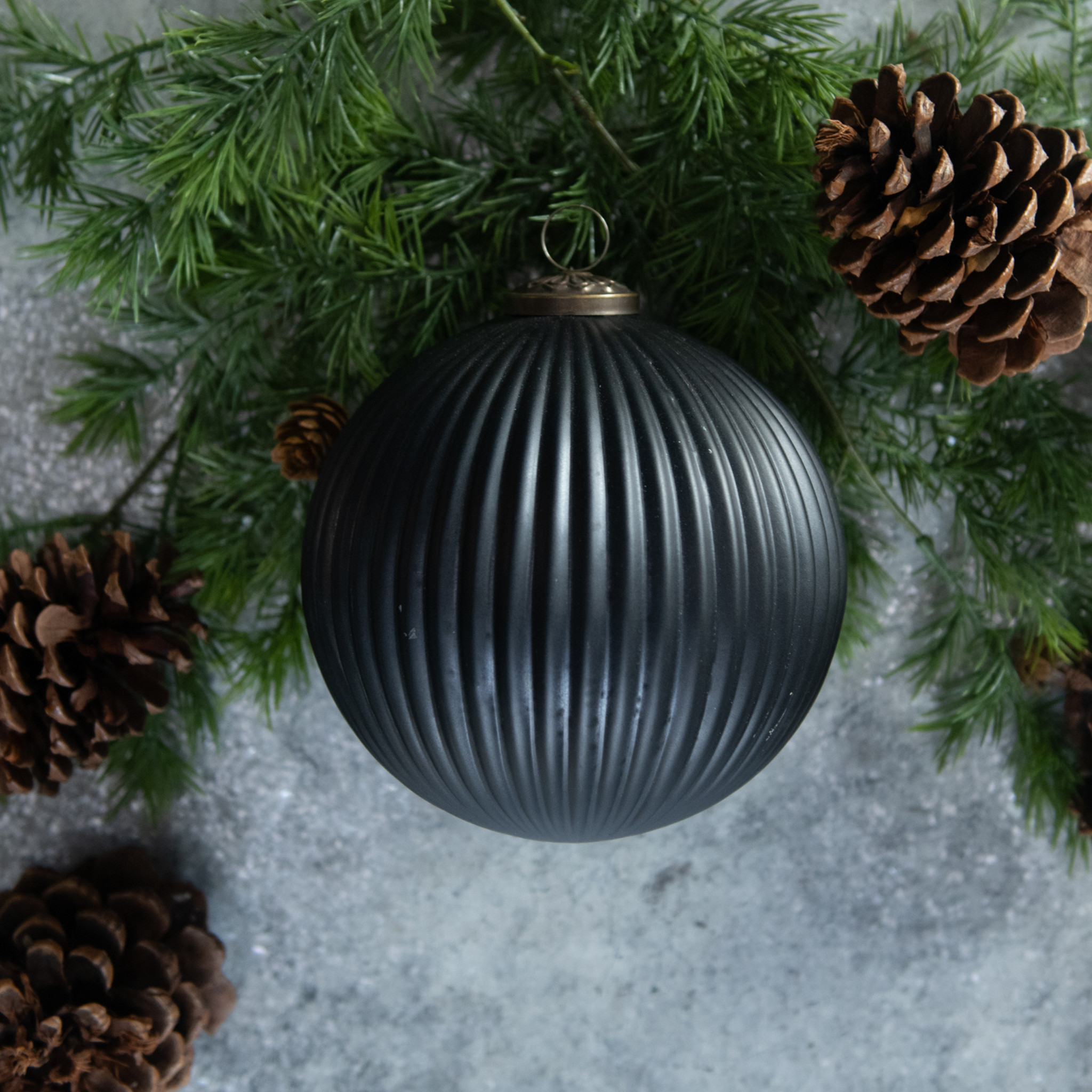 Matte Black Ribbed Kugel Ornament, 6"