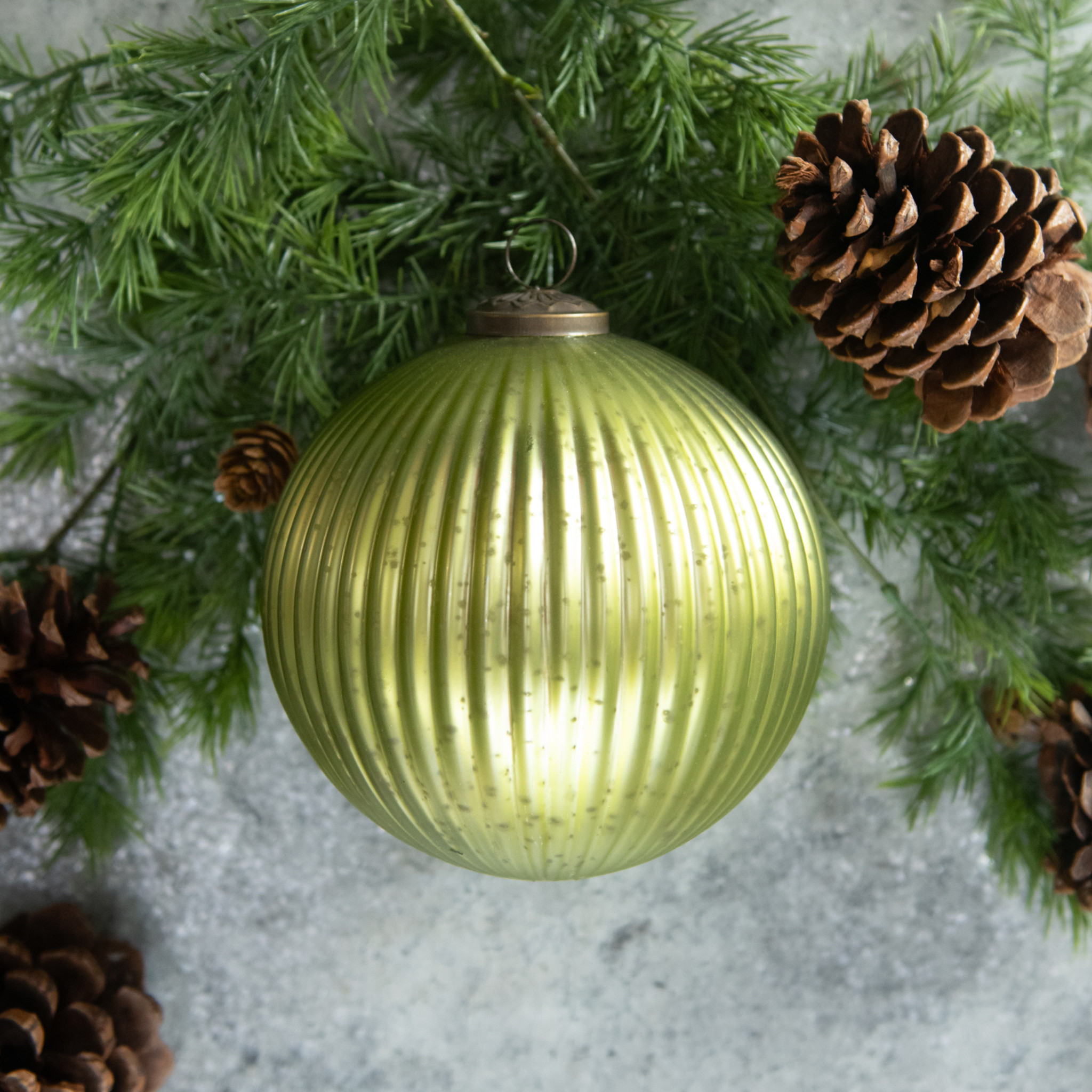 Olive Ribbed Kugel Ornament, 6"