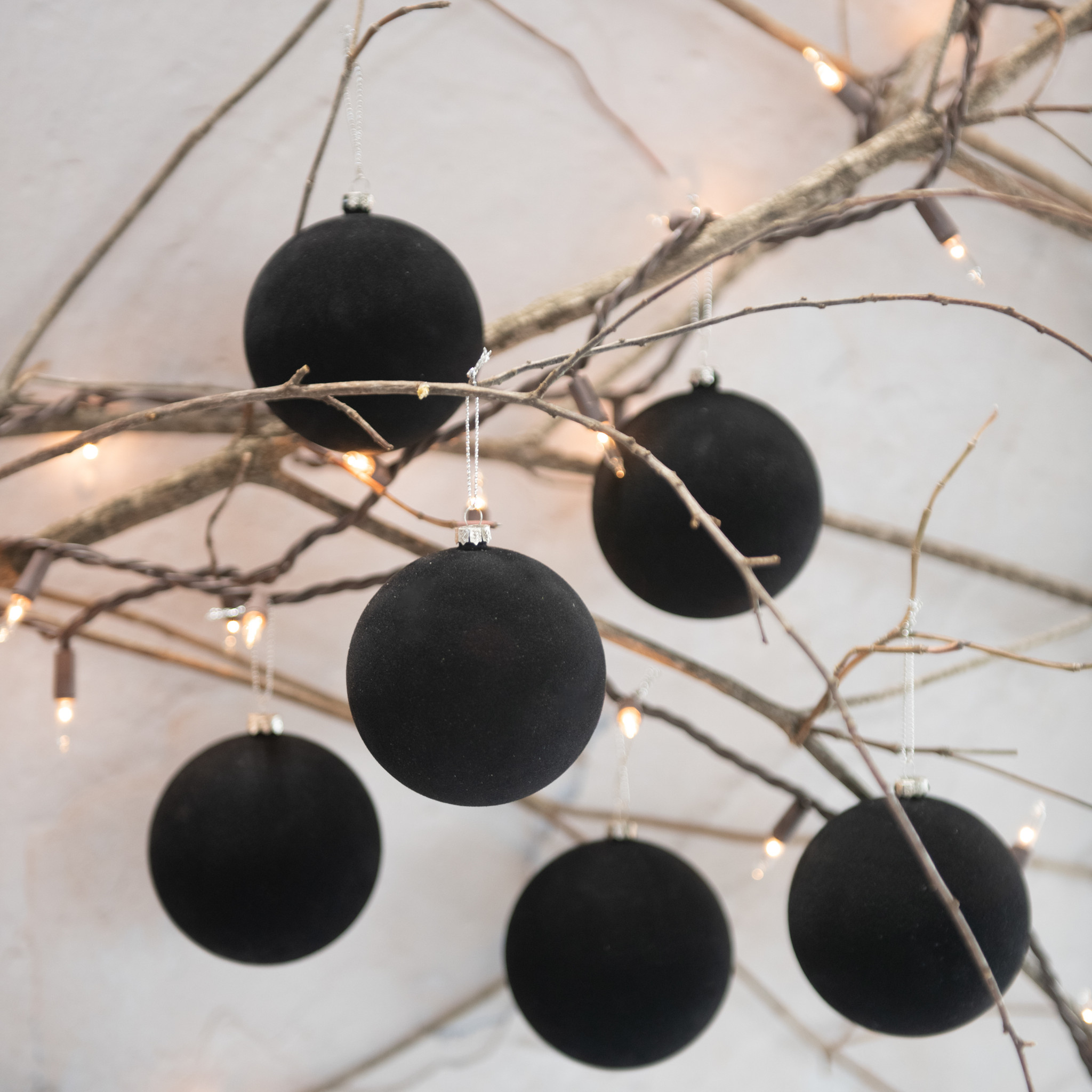 Black Flocked Balls, Set of 6, 3.25"