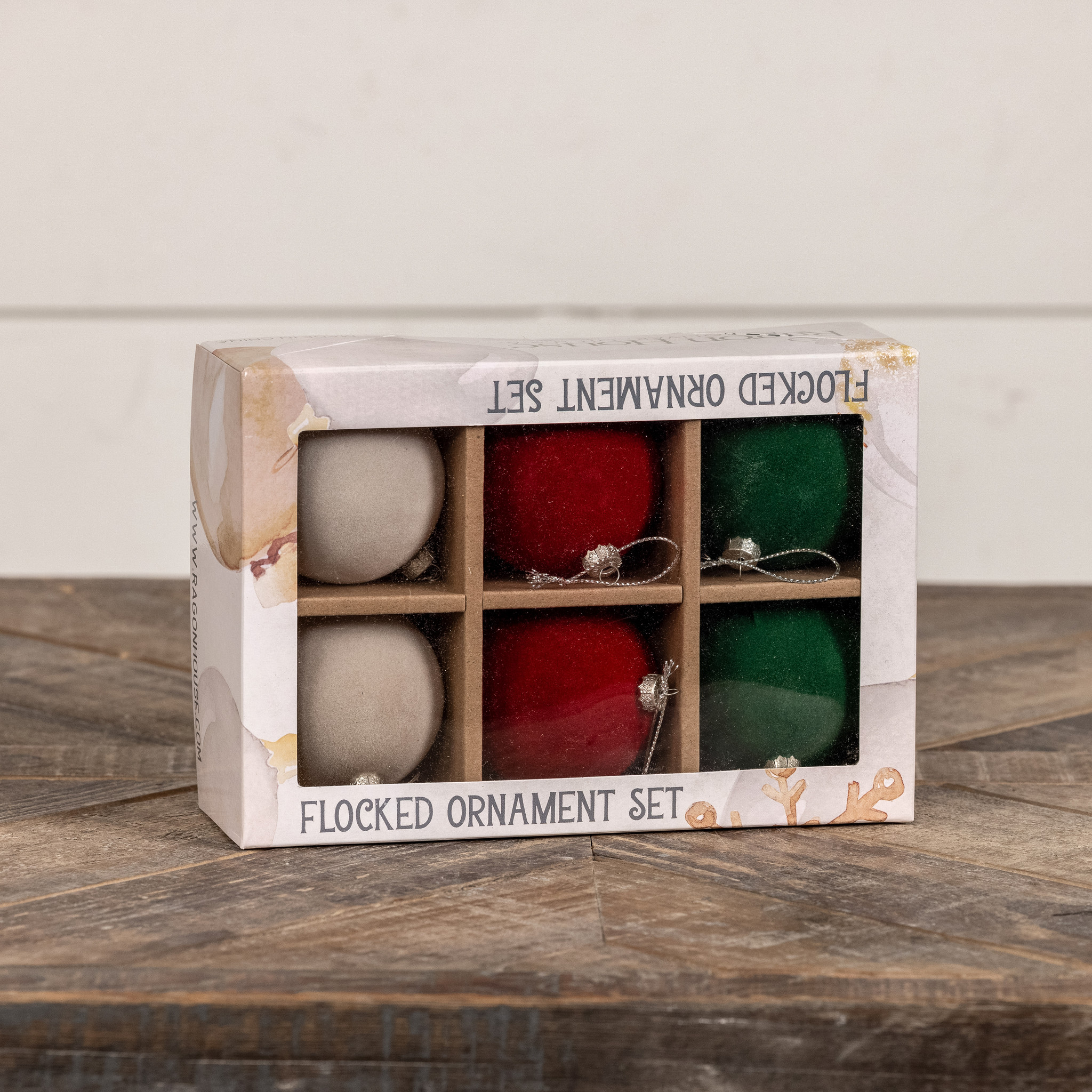 Green, Red & Ivory Flocked Balls, Set of 6, 2.5", photo 2 of 3