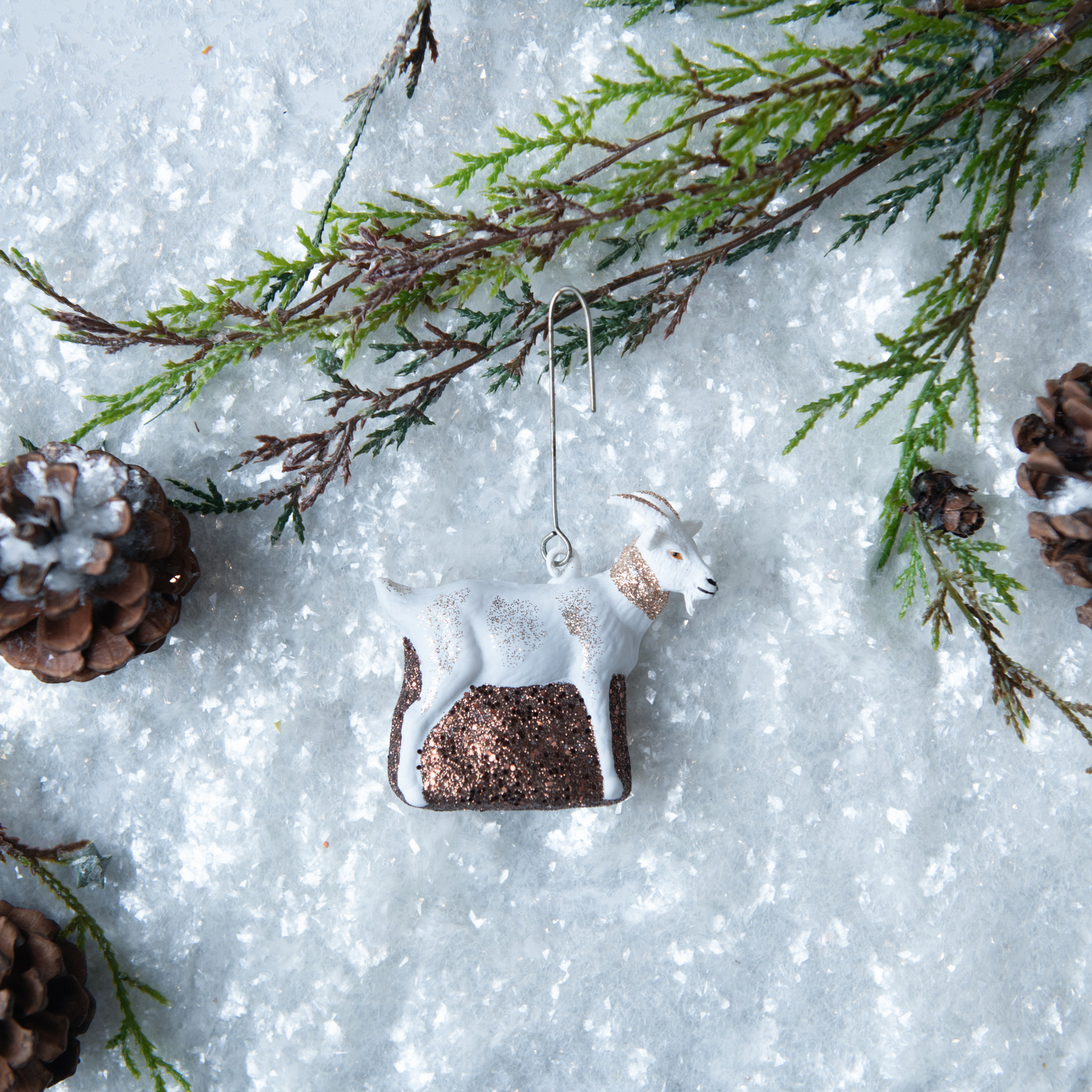 Gold & White Glittered Goat Ornament, photo 3 of 3